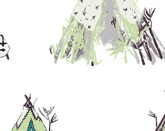 May include: A white background with a repeating pattern of colorful teepees at the top. The rest of the image features three larger teepees with green, blue, and white patterns. The teepees are drawn in a whimsical style with black outlines and details.