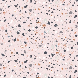 Pode incluir: Um padrão sem costura com um fundo rosa e um design de terrazzo disperso. O design de terrazzo inclui lascas pretas, brancas, cinzas e marrons.