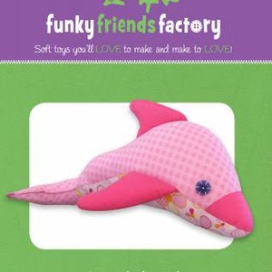 May include: A pink and white soft toy dolphin, 17 inches long, with a patterned body and solid pink fins. The dolphin is set against a white background, with the text "Dizzy DOLPHIN" below. The image also includes the text "funky friends factory".