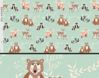 Remnant end of bolt 17 inches Hello Bear Collection Oh Hello Meadow Art Gallery Fabric, Cotton Quilt Fabric