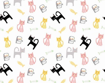 Riley Blake Fabric Meow and Forever Cats in Main color White, choose your cut