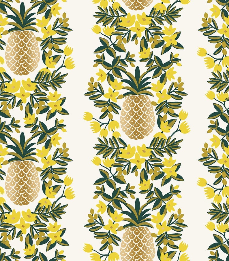 Rifle Paper Co Primavera Collection, Pineapple Stripe in Cream Metallic Fabric image 1