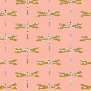 May include: A seamless pattern featuring a repeating design of stylized dragonflies with yellow wings and blue bodies on a light pink background.