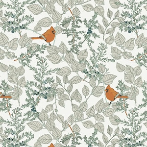 May include: A seamless pattern featuring red cardinals perched on branches of green foliage with small blue berries. The background is white.
