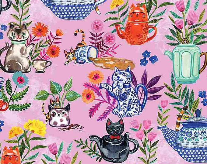 Dear Stella Fabric Sew Mischievous, Cat Tea Party in Pink Choose Your