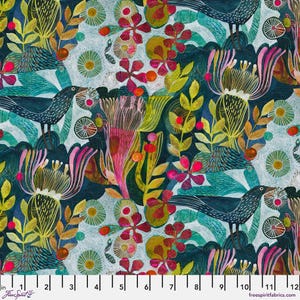 May include: A colorful fabric design featuring stylized birds, flowers, and foliage in shades of teal, pink, yellow, and orange. The design includes the text "Free Spirit Fabrics" and a ruler in inches.