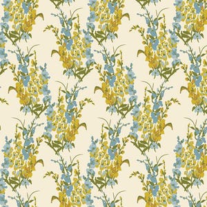 May include: A seamless pattern featuring a repeating design of blue and yellow flowers on a cream background.