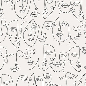 May include: A seamless pattern of abstract line art faces. The faces are drawn in a minimalist style with simple lines and curves. The pattern is perfect for adding a touch of modern art to any project.