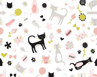 Riley Blake Fabric Meow Cats Main in White,  choose your cut