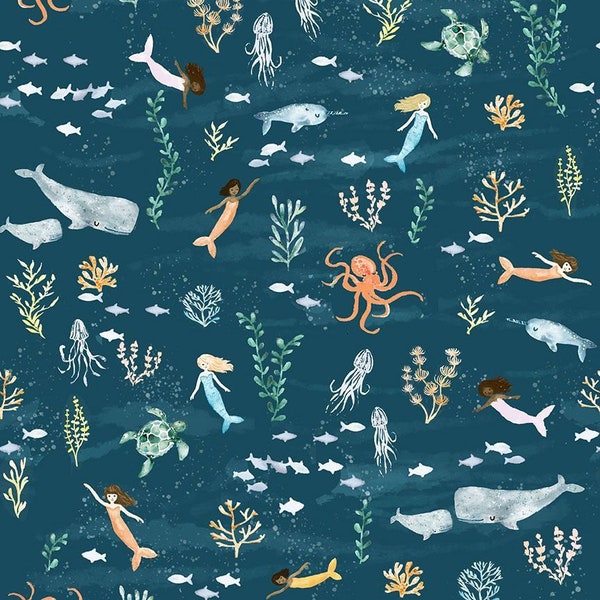 Dear Stella Cotton Quilt Fabric, Mermaids La Mer Multi Blue Choose your cut