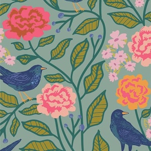 May include: A repeating pattern featuring stylized birds, flowers, and foliage in a palette of teal, pink, orange, and green. The design includes detailed illustrations of birds perched among large floral blooms and leafy branches.