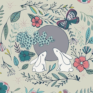 May include: A whimsical illustration featuring two white rabbits looking at each other, surrounded by a variety of colorful flowers and foliage. The background is a light beige color.