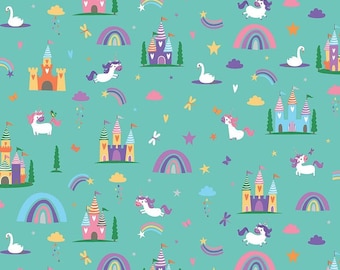 Riley Blake Fabric Unicorn Kingdom in Main color Teal, choose your cut, Cotton Quilt Fabric
