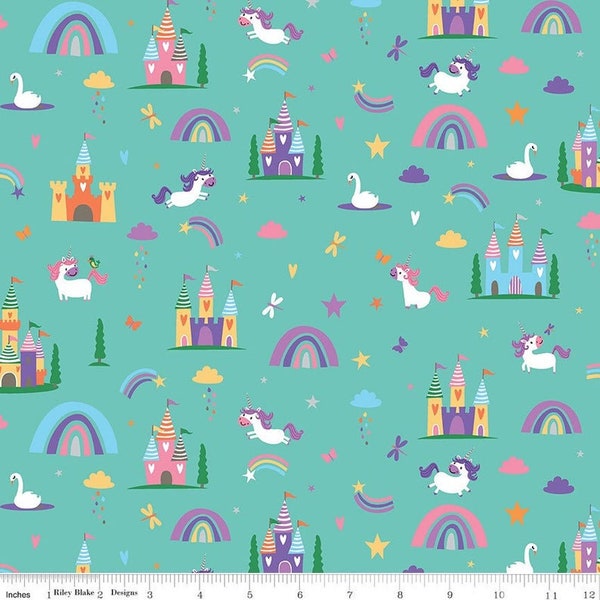 Riley Blake Fabric Unicorn Kingdom in Main color Teal, choose your cut, Cotton Quilt Fabric