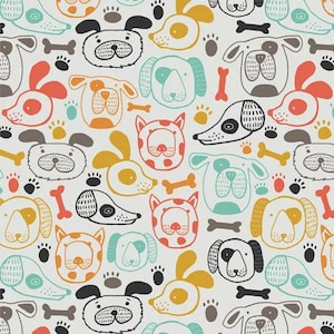 May include: A repeating pattern of cartoon dog faces, paw prints, and bones in various colors including orange, yellow, teal, and black on a light gray background. The dog faces have different expressions and ear shapes.