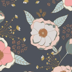 May include: A seamless pattern featuring large white flowers with pink edges and brown centers, surrounded by smaller brown flowers and leaves on a dark blue background.