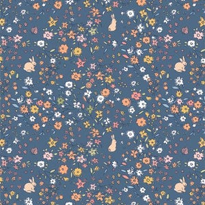 May include: A seamless pattern featuring a blue background with small pink, orange, yellow, and white flowers and leaves. There are also small pink bunnies scattered throughout the pattern.
