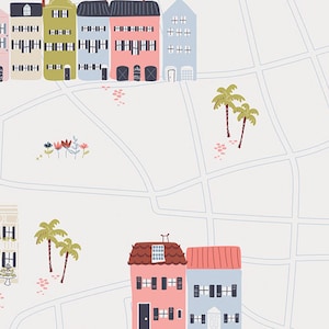 May include: A whimsical illustration featuring colorful houses with detailed windows and doors, set against a light gray map background. Palm trees and small floral accents add to the charming, playful design.