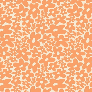 May include: A seamless pattern featuring a repeating design of orange flowers on a cream background. The flowers are stylized and have a simple, whimsical design.