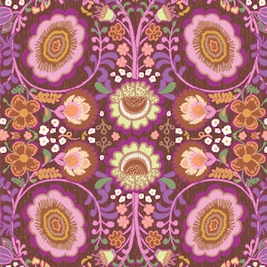 May include: A seamless pattern featuring a repeating design of stylized flowers in shades of pink, purple, brown, yellow, and green on a dark brown background.
