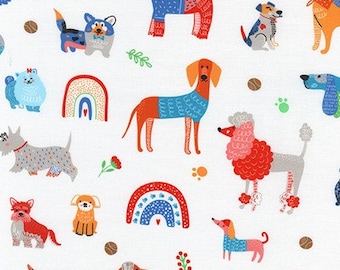 Robert Kaufman Fabric Whiskers and Tails Dogs in color White,  Choose your cut, Cotton Quilt Fabric