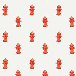May include: A repeating pattern of red fire hydrants on a cream background. The fire hydrants are stylized with a conical top, a round center, and a base. The pattern is evenly spaced and covers the entire image.