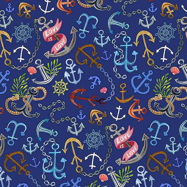 Dear Stella Cotton Quilt Fabric, You're a Catch Collection, Anchors Navy Choose your cut