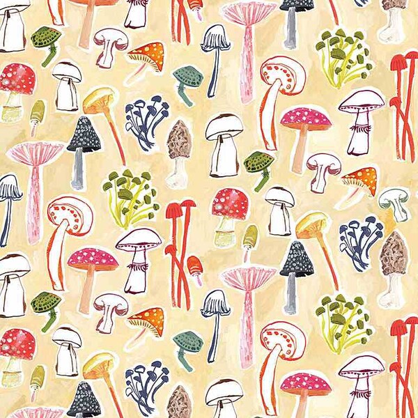 Dear Stella Fabric Chefs Table, Funghi Mushrooms in Multi, Choose your cut, Cotton Quilt Fabric