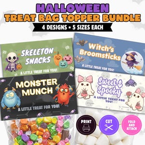 Könnte beinhalten: Ein Halloween-Tütenverschluss-Set mit vier rechteckigen Designs, die die Texte Skeleton Snacks, Witch's Broomsticks, Monster Munch und Sweet & Spooky enthalten. Jeder Verschluss zeigt den Schriftzug A LITTLE TREAT FOR YOU sowie bunte Illustrationen von Geistern, Monstern und Kürbissen.