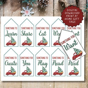 Puede incluir: Etiquetas de regalo de Navidad imprimibles con un camión rojo y un árbol de Navidad. Las etiquetas tienen un borde verde y dicen "Something to Learn", "Something to Share", "Something You Eat", "Something You Want", "Something to Create", "Something for You", "Something to Play", "Something to Read" y "Something You Need".
