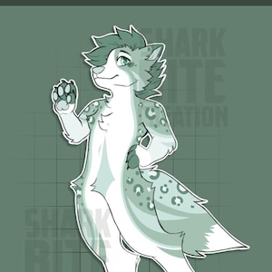 May include: A digital illustration of a cartoon character with a white and teal color scheme. The character has a spotted pattern, green eyes, and is posed with one paw raised. The background is a muted green with text that reads "SHARK BITE CREATION".