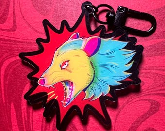 Neon opossum acryl sleutelhanger | CMYK-bedel opossum