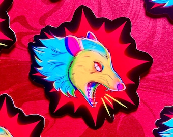 Neon opossum sticker | possum furry sticker | waterproof glossy 3in stickers