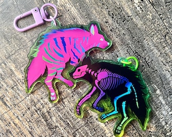 Neon Hyäne Acryl Schlüsselanhänger | Doppelseitiger Pelzanhänger | Taschenanhänger
