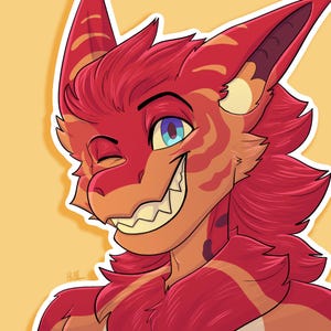 May include: A digital illustration of a smiling anthropomorphic creature with red and orange fur. The creature has a winking eye, sharp teeth, and a yellow background. The style is reminiscent of a cartoon or comic book.