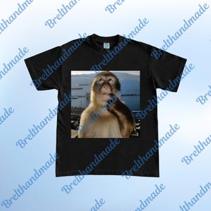 Puede incluir: Camiseta negra con una imagen impresa de un mono pensativo. El mono tiene pelaje marrón claro y está sobre un fondo de agua y una masa de tierra distante. La camiseta tiene cuello redondo.