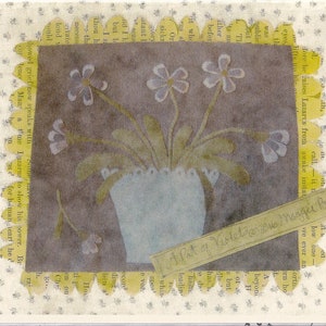 May include: A vintage postcard with a watercolor illustration of a potted plant with purple flowers. The postcard has a yellow border with text around the edge. The text reads "A Pat of Violets" and "Magger Boranomi".
