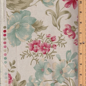 May include: Floral fabric featuring large, light blue and pink flowers with green leaves on a cream background. The fabric has a vintage aesthetic, with a ruler along the right edge. The text "Benefiting the Parkinson's Foundation" is visible.