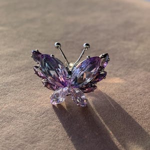Puede incluir: Un broche de mariposa de plata con detalles de cristal morado y transparente.