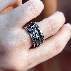 Anel de prata esterlina sólido feito à mão, medieval 925, unissex, único, masculino, feminino, punk, gótico, motociclista, joia oxidada, presente de Natal para ela e ele