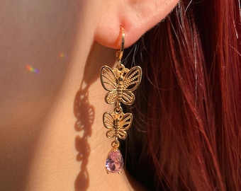 Gold Double Butterfly Drop Earrings | Pink CZ Teardrop Dangle Earrings| Fairycore Sparkling Jewelry |Gift for Her | Nature Inspired Earrings