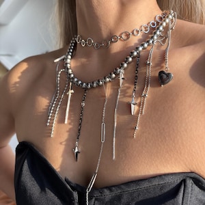 Punk Pearl Heart Choker | Layered Multi-Chain Necklace with Spikes & Charms | Grunge Gothic Jewelry | Hypoallergenic Choker | Gift for Her