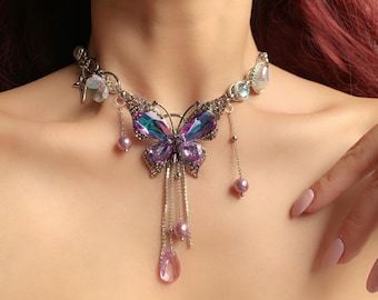 Fantasy Butterfly Choker Necklace | Fairycore Crystal Statement Jewelry | Ethereal Y2K Butterfly Pendant | Magical Gift for Her