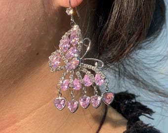 Pink Butterfly Crystal Earrings, Butterfly Rhinestone Tassel Earrings, Fashion Chandelier Earrings, Dangle Earrings, Jewelry, Gift for Her