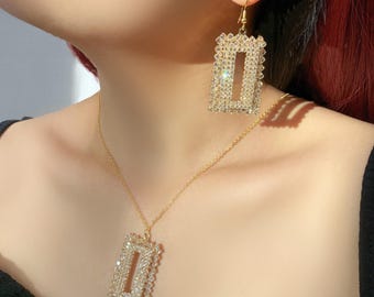 Gold Geometric Earrings Necklace Set | Bling Rectangle Pendant Jewelry |  Party Jewelry Set | Gift For Her