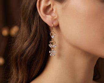 Gold Heart & Flower Drop Earrings | Elegant Romantic Floral Dangle Earrings | Bridal Wedding Earrings | Gift for Her