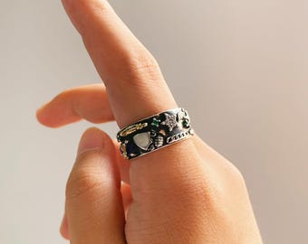 Anel ajustável unissex em prata esterlina 925 esculpido à mão | Estilo medieval vintage sólido | Anel de motociclista punk gótico oxidado | Presente para ele/ela