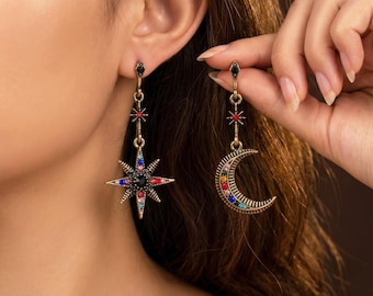 Pendientes Boho de Estrella y Luna / Pendientes colgantes celestiales asimétricos vintage / Joyería llamativa para fiestas / Regalo para ella