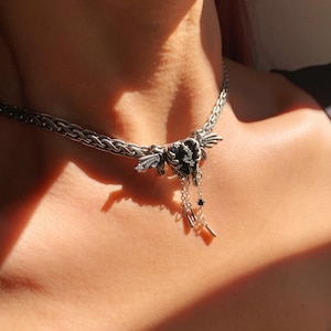 Sterling Silver Gothic Heart Necklace with Wings | Black Crystal Pendant Choker Chain | Victorian Punk Jewelry | Dark Aesthetic Gift for Her