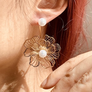 Golddraht Blumen Ohrringe mit Perle Mitte | Blumen Ohrringe |  Frühling Ohrringe | Draht Gewickelt Ohrringe |  Geschenk für Frauen
